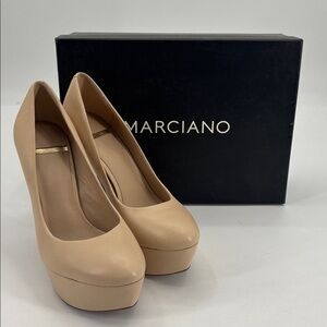 UEC Marciano nude leather platform shoes with box gold chrome 6in heel , size 9
